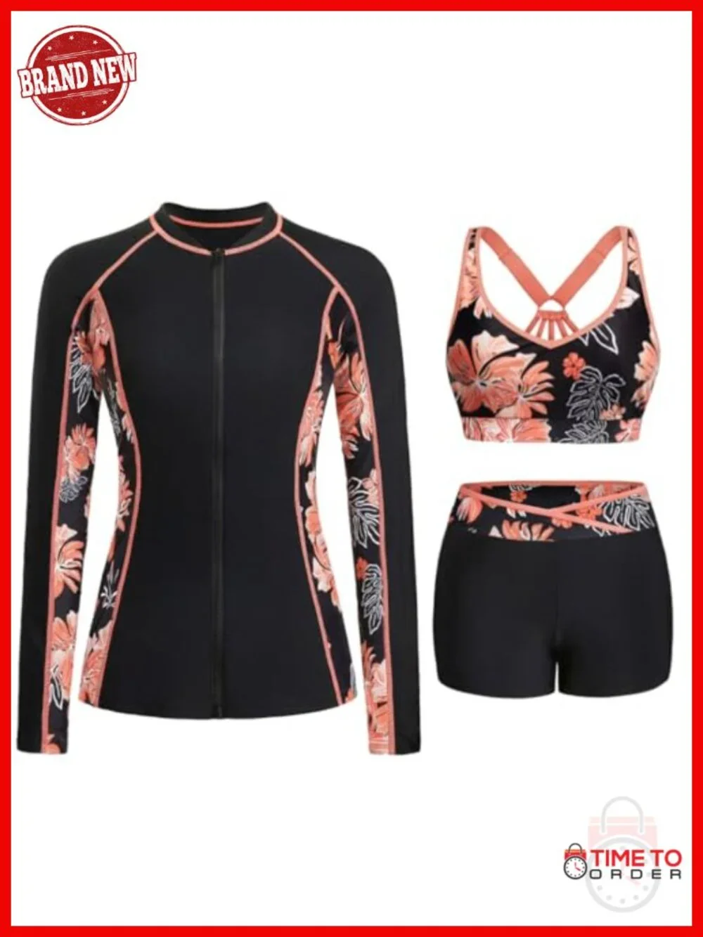 3 Piece Rash Guard Set - Long Sleeve Zip Up Swim Shirt with Sports Bra and